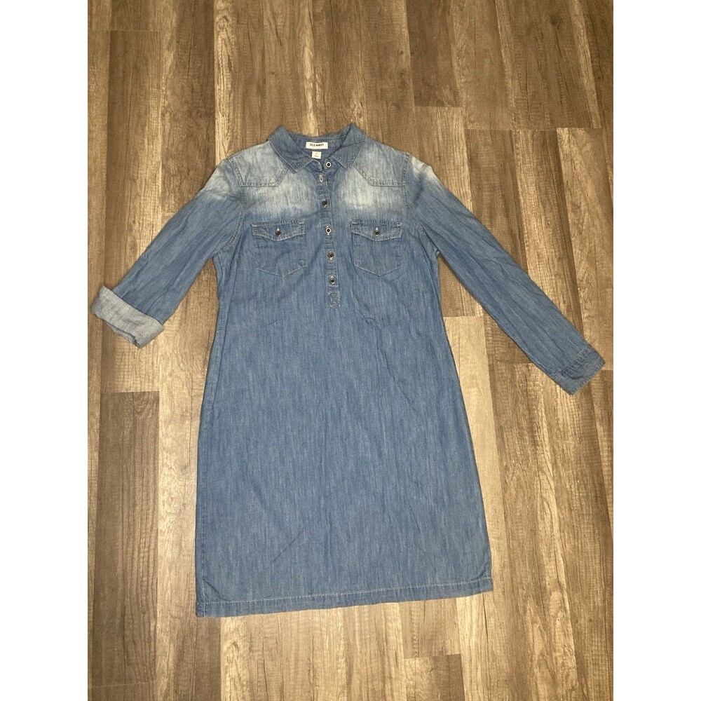 Old Navy S Denim Dress Chambray Cowgirl Western Rodeo Blue LS Shift Mini